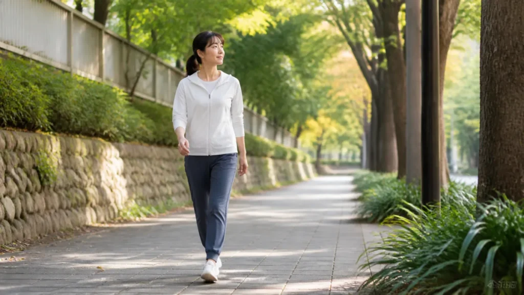 食後に緑のある歩道をゆっくり歩く女性