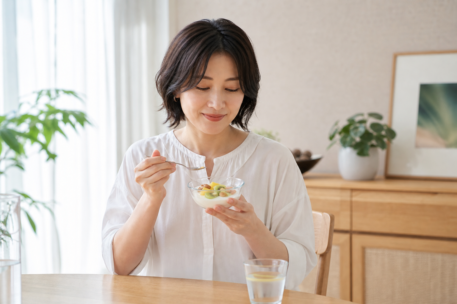 ヨーグルトと果物を間食に選ぶ女性