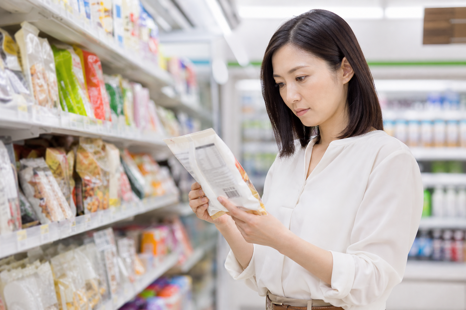 市販の間食の栄養成分表示を確認する女性