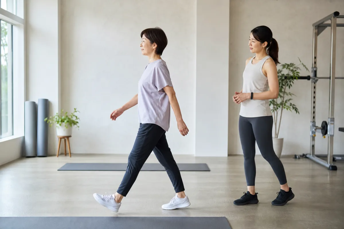 トレーナーが女性の歩行姿勢を確認する様子