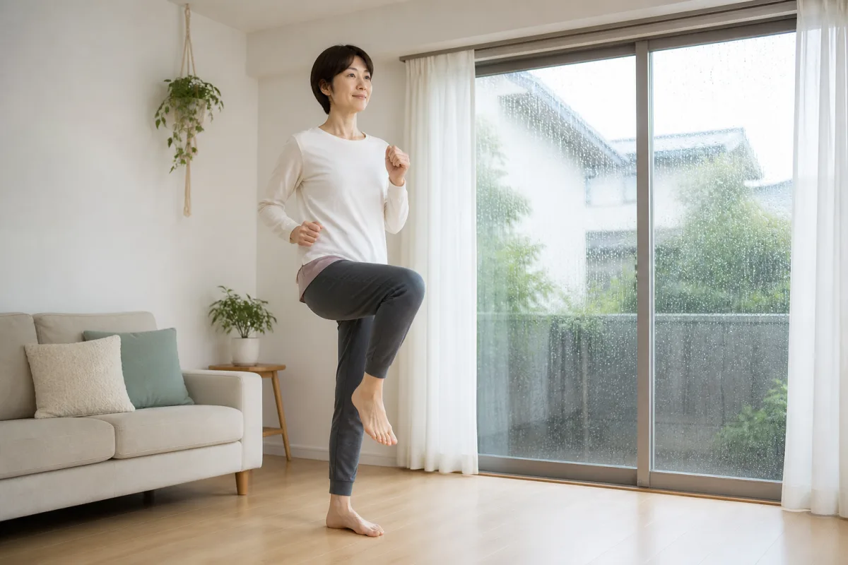 雨の日に室内で足踏み運動をする女性