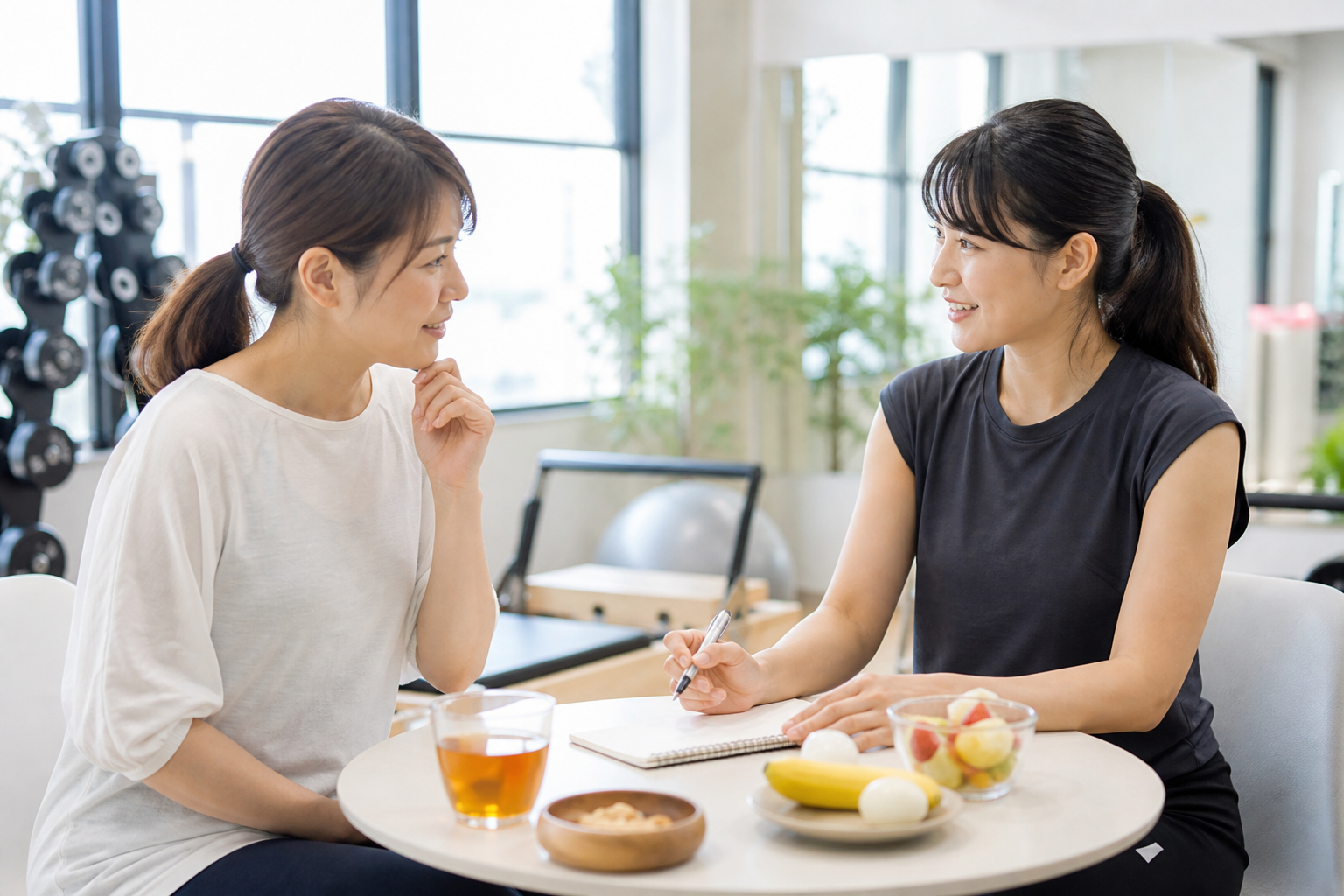 食事と運動の生活習慣をトレーナーへ相談する女性