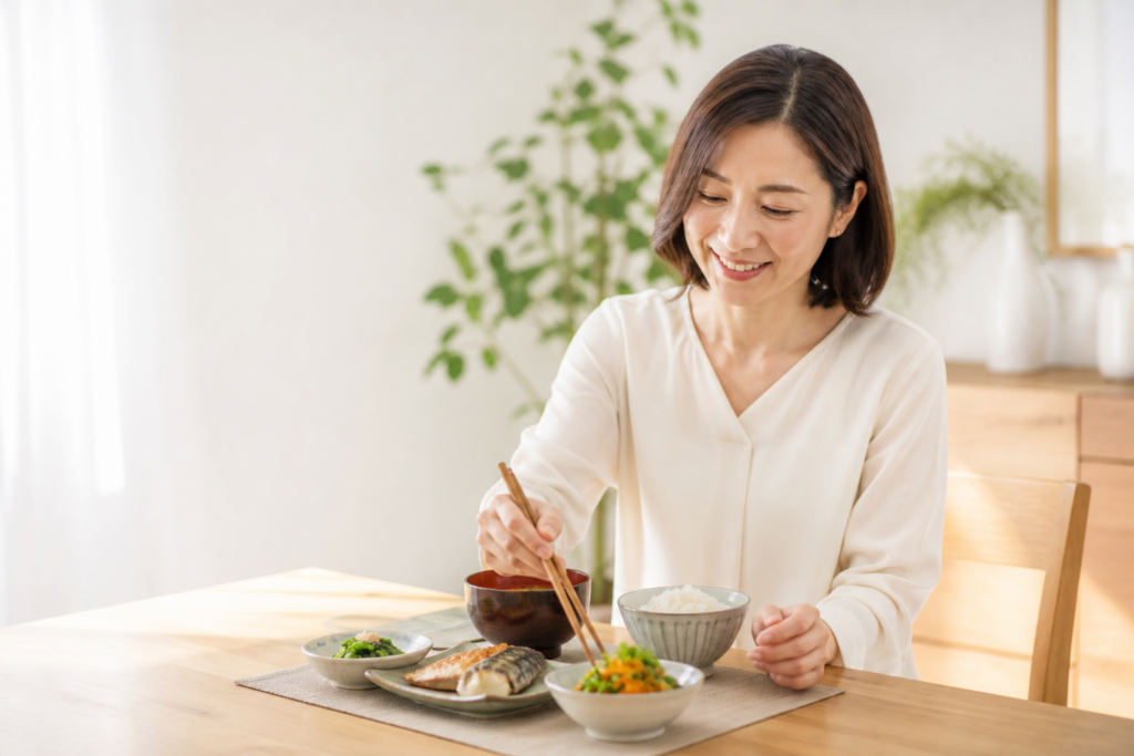 野菜の小鉢から食べるベジファーストを実践する女性