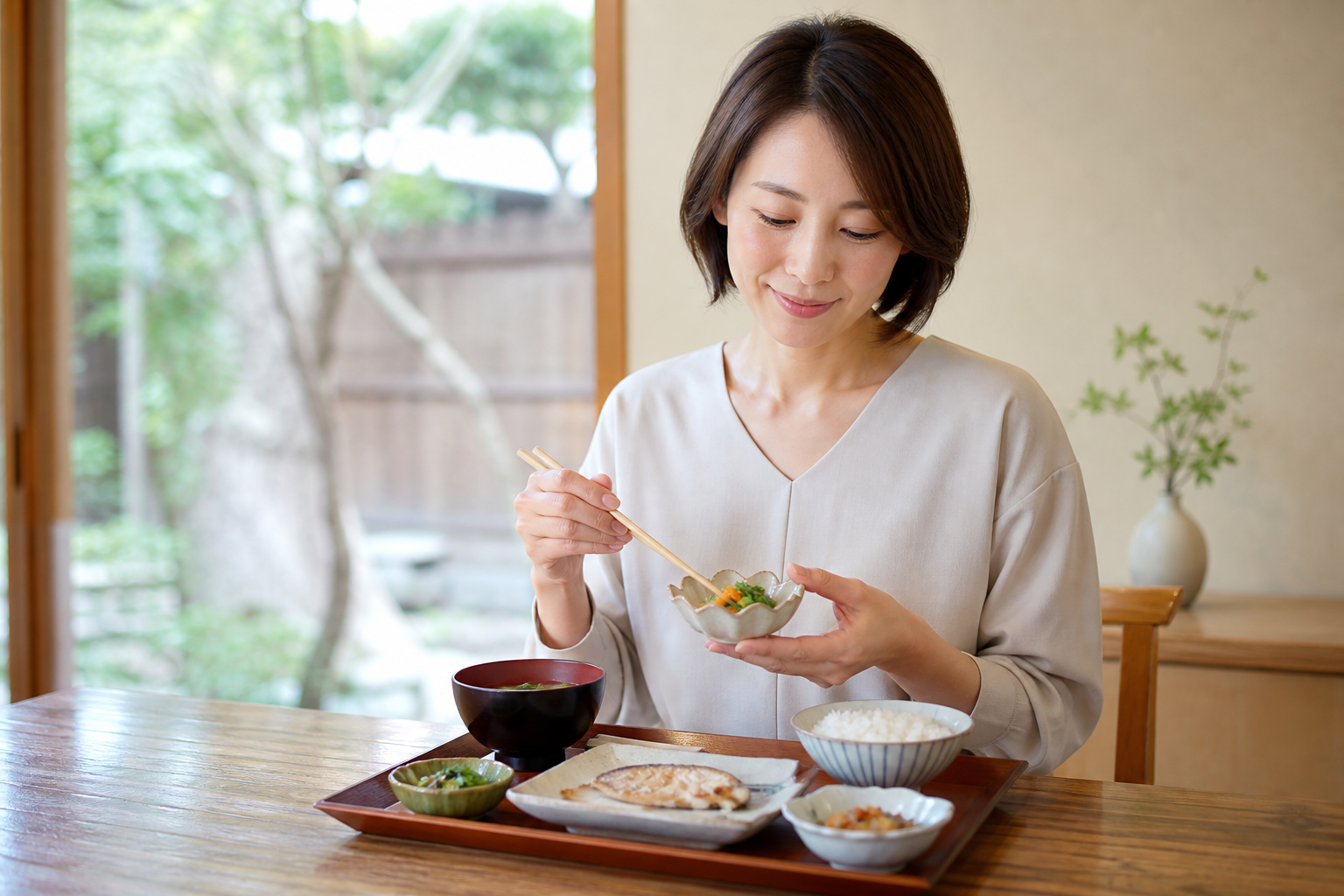 外食で野菜の小鉢から食べる女性