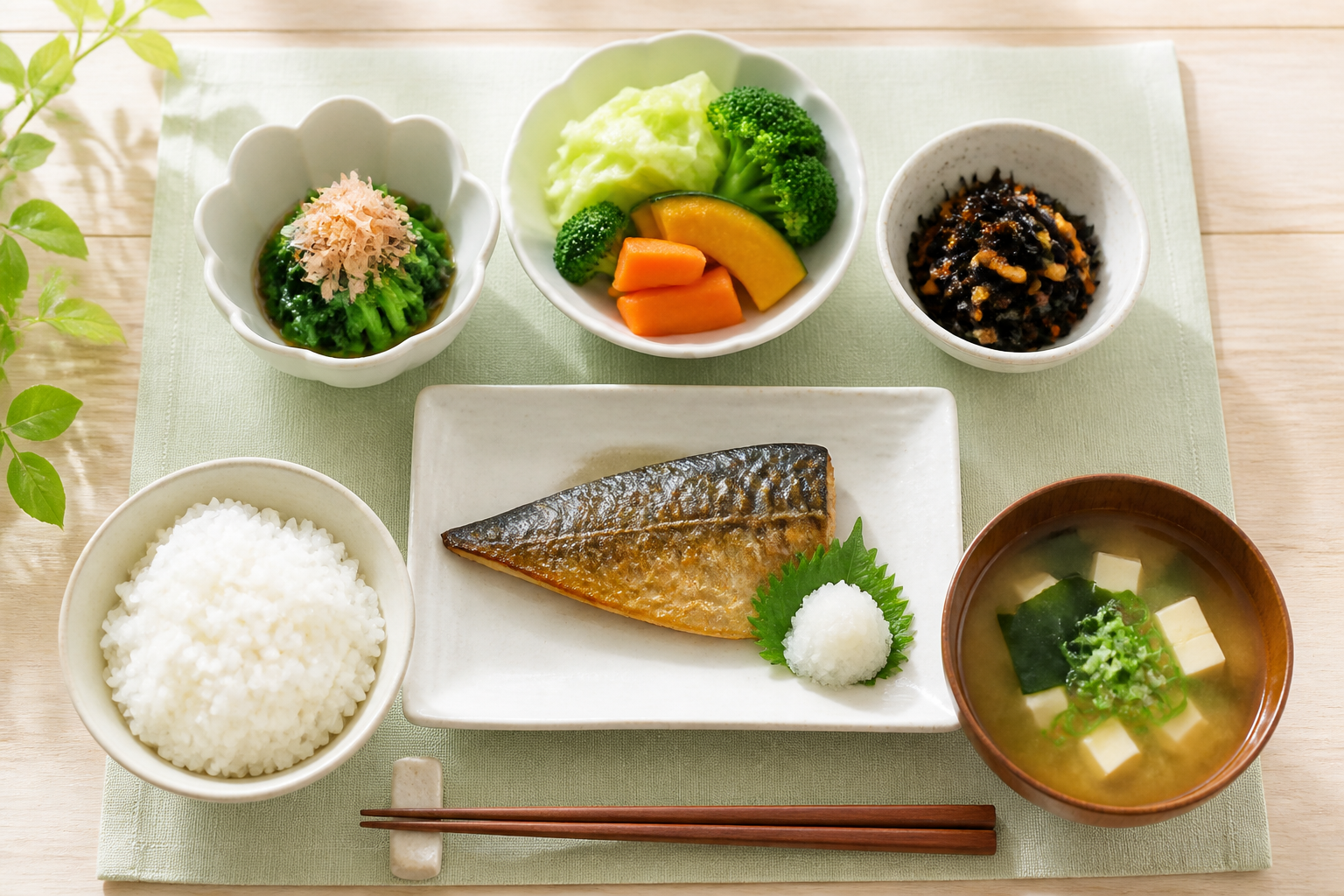 野菜の小鉢と主菜と主食を組み合わせた和定食