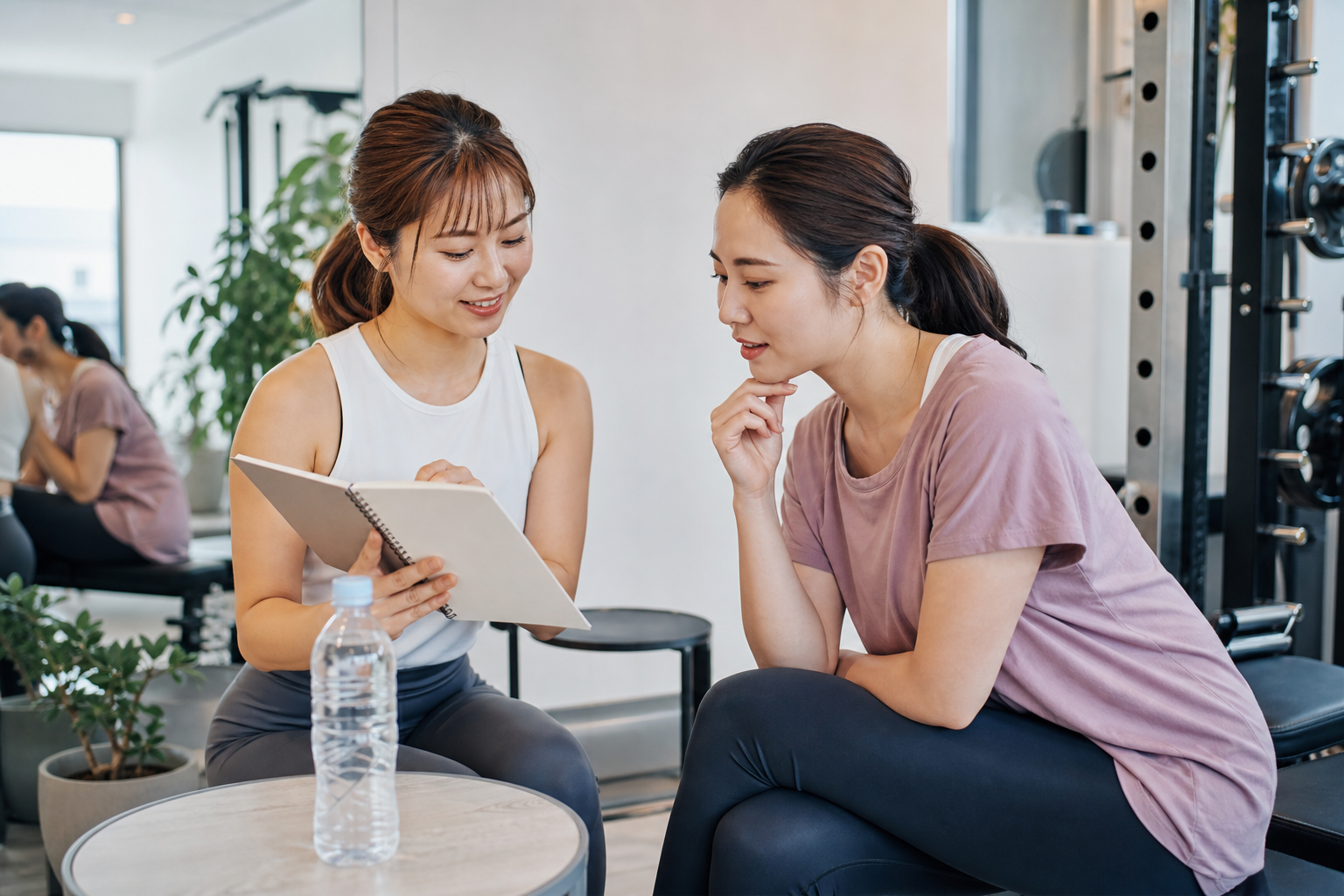 食事と運動の習慣をトレーナーへ相談する女性