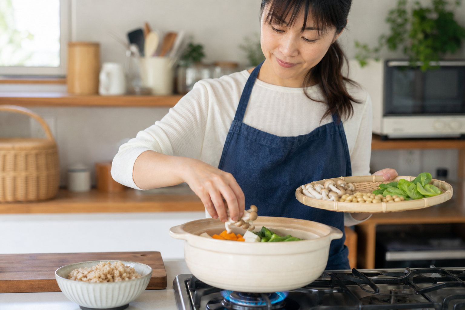きのこや豆や野菜をスープへ加える女性