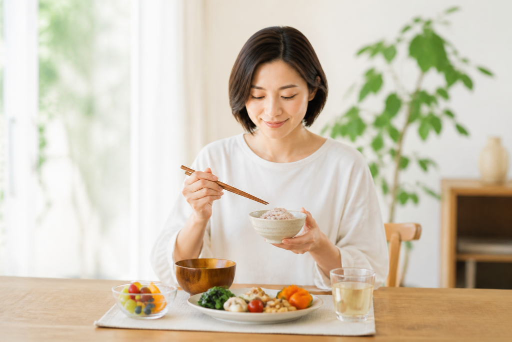 日本の食卓で食物繊維を含む食事を楽しむ女性