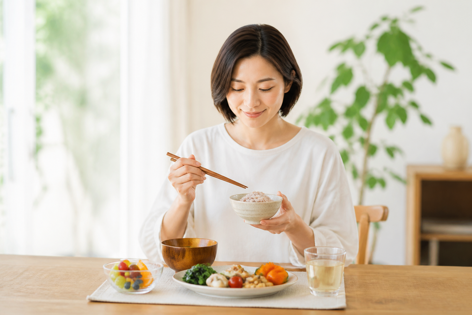 日本の食卓で食物繊維を含む食事を楽しむ女性