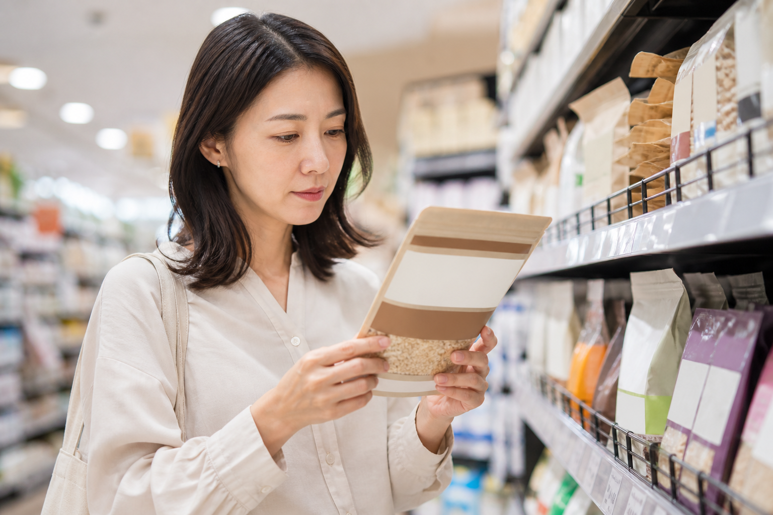 市販食品の栄養成分表示を確認する女性