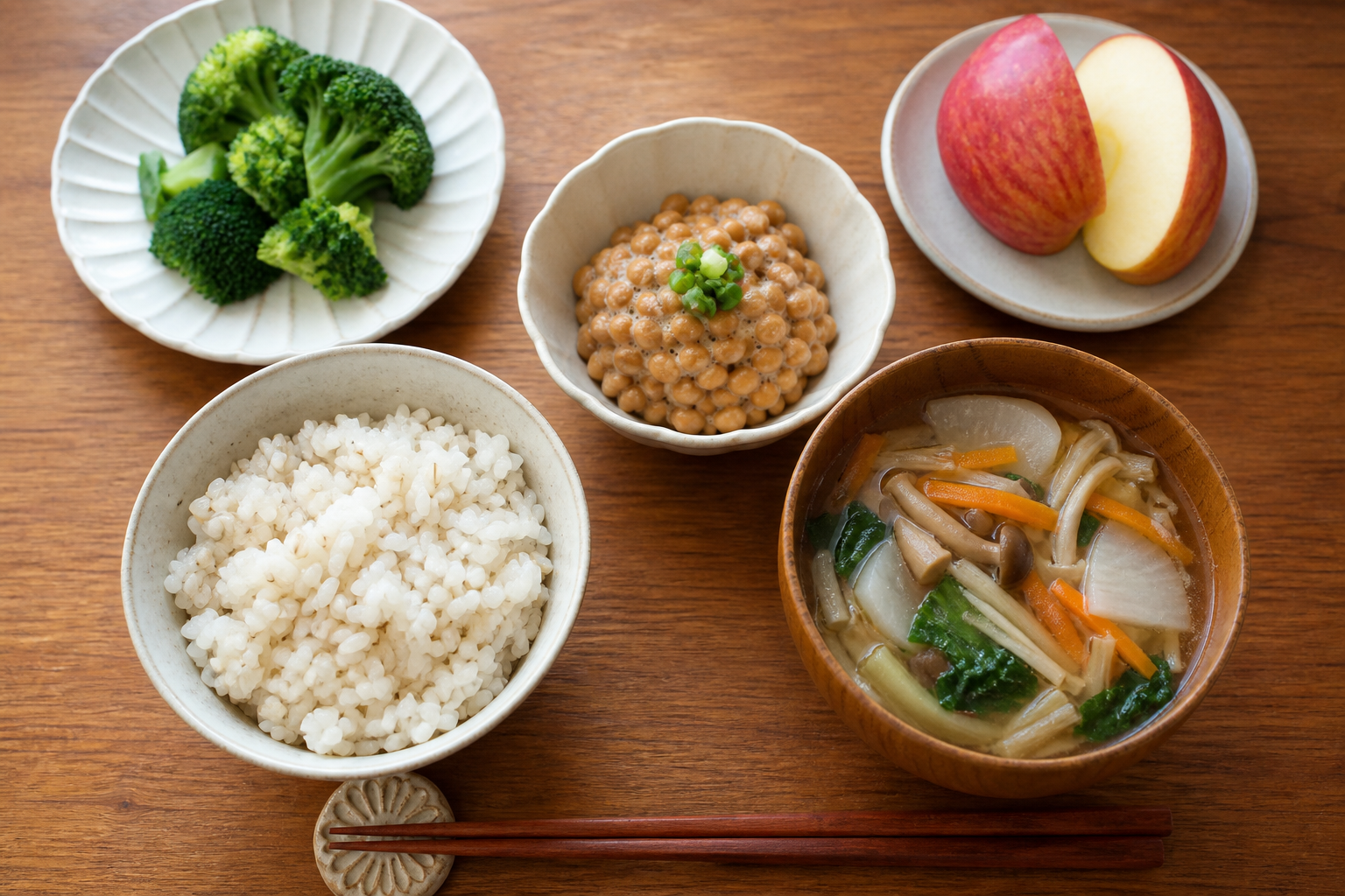 大麦ごはんや納豆や野菜を組み合わせた食事例
