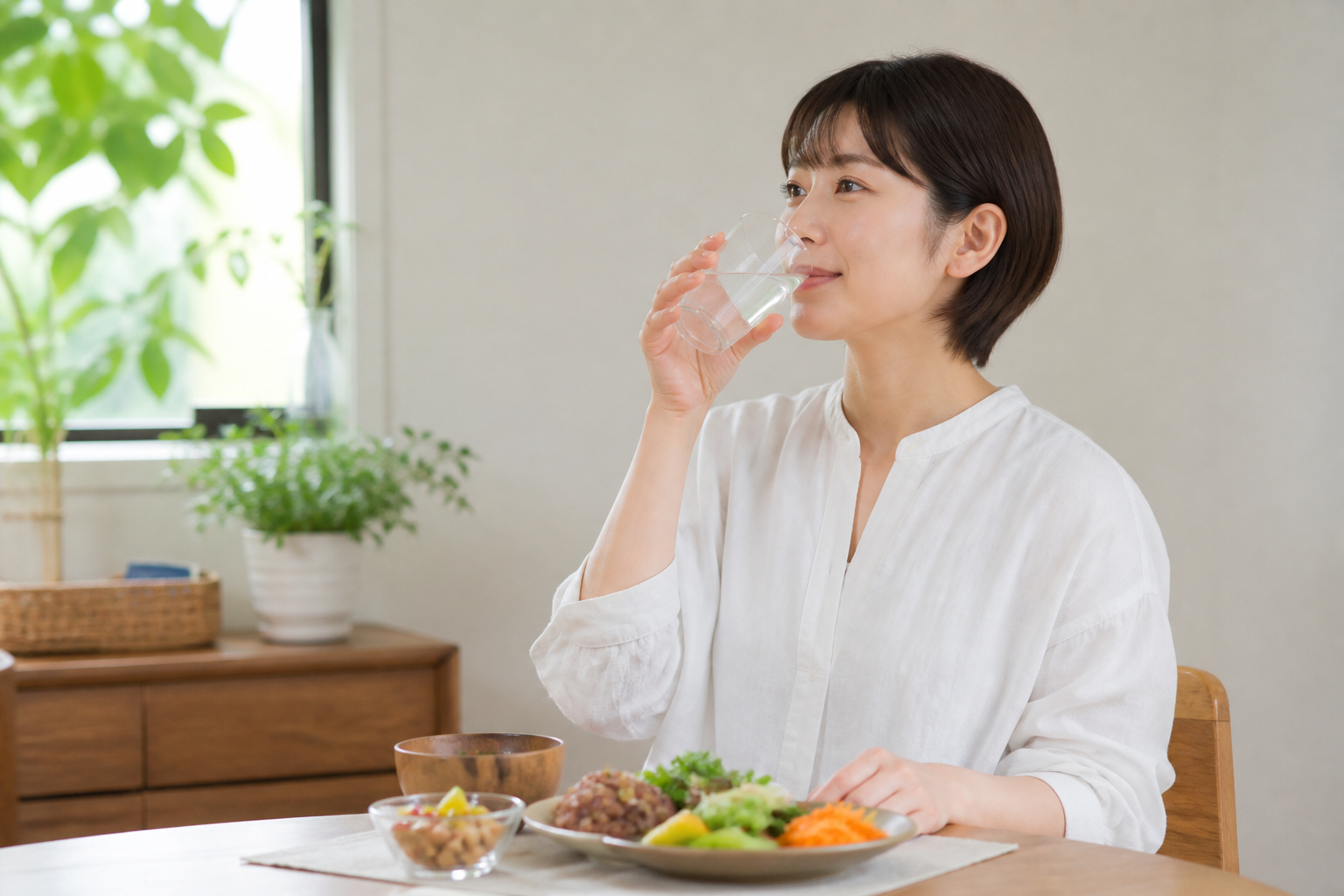 食物繊維を含む食事と一緒に水分をとる女性