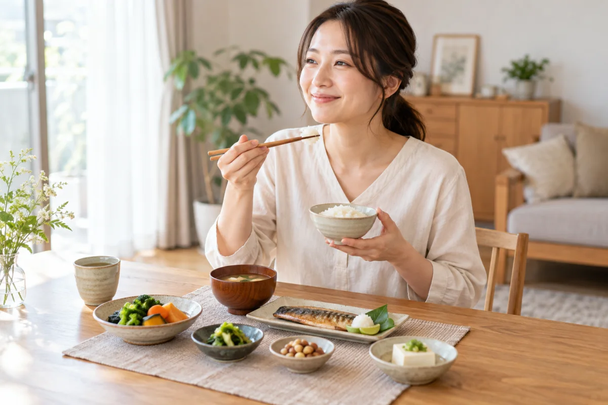 魚や豆腐、野菜を組み合わせた食事を楽しむ女性