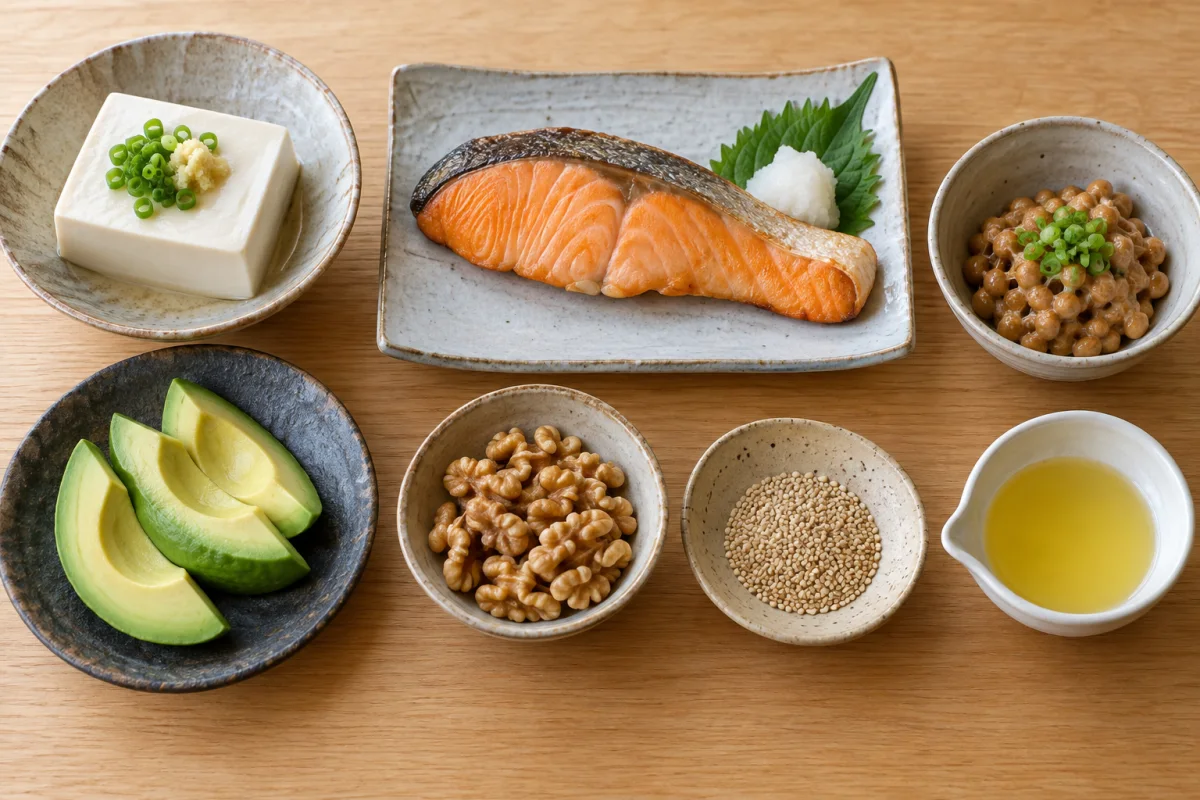 魚、豆腐、納豆、アボカド、くるみ、ごま、植物油を並べた食卓