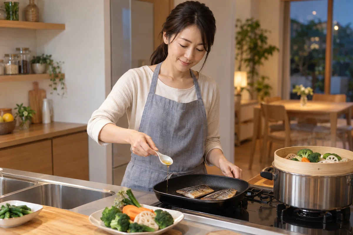 少量の油で魚を焼き野菜を蒸している女性