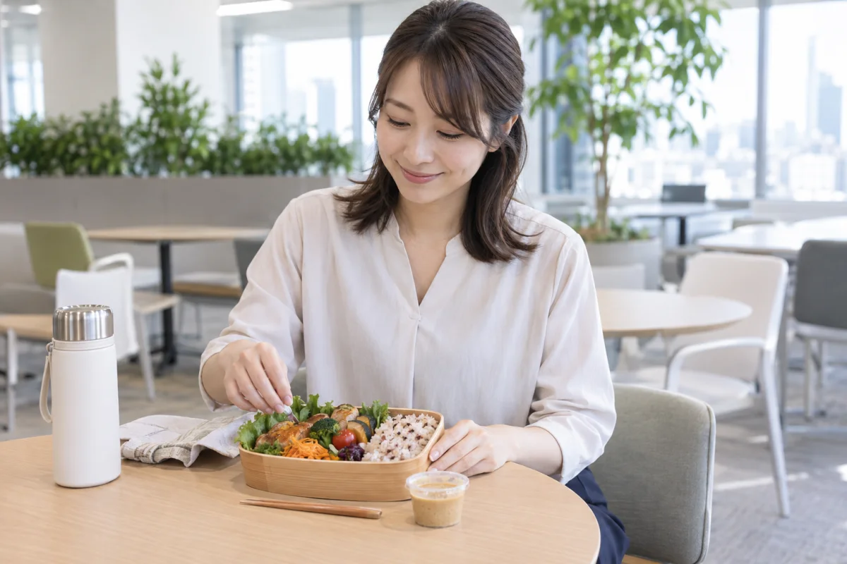 職場でご飯、主菜、野菜が入った弁当を食べる女性